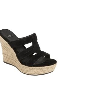 UGG “Tawnie” black suede platform sandals jute wedge slingback shoes size 7